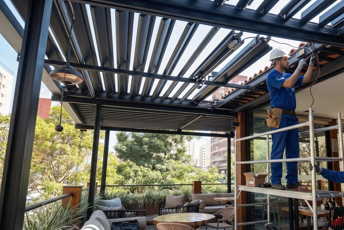 Técnico realizando manutenção e limpeza em cobertura retrátil Zetaflex